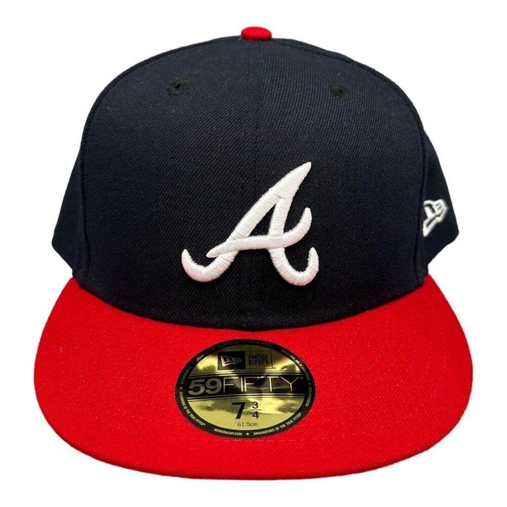 New Era 59Fifty Atlanta Braves Navy Blue Red Fitted Hat Men's Sz 7-3/4 NEW